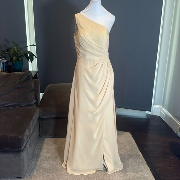 Women’s One Shoulder Chiffon Bridesmaid Formal Dress CorsetBack LegSlit Size 10 - Picture 3 of 12